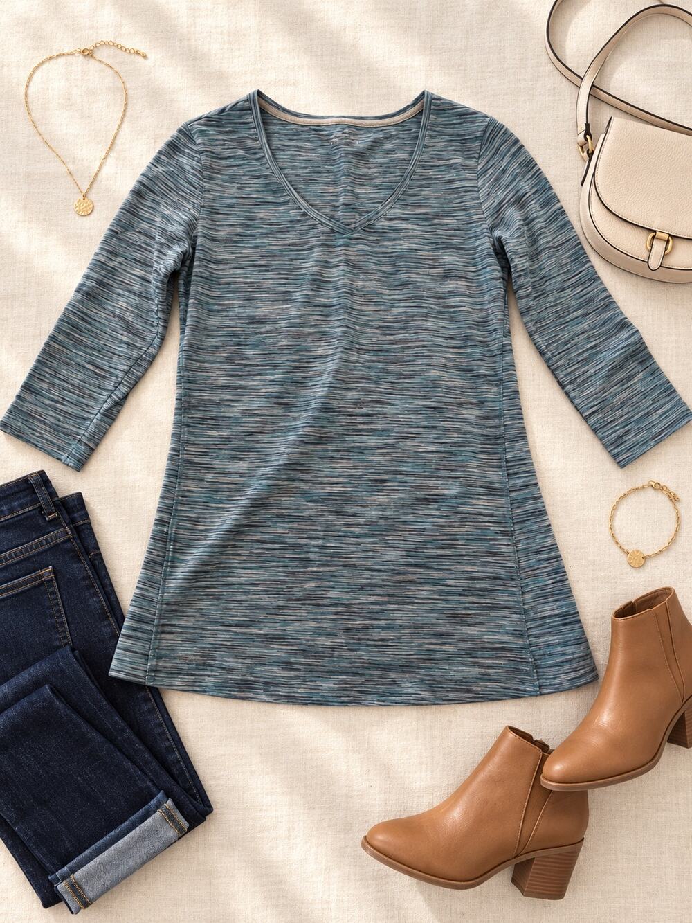 Title: Eddie Bauer Small Teal Space Dye V-Neck Tunic Top